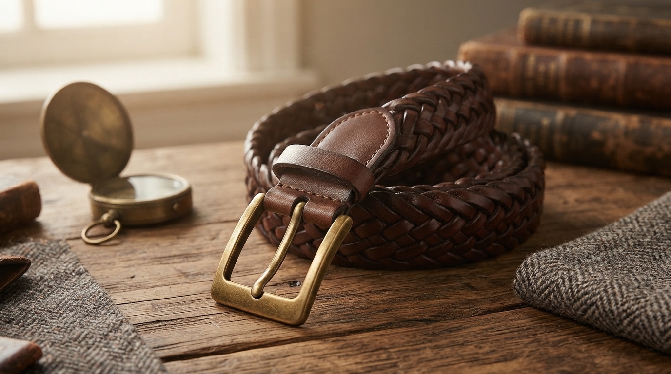 Vintage Braided Leather Belt with Gold Pin Buckle