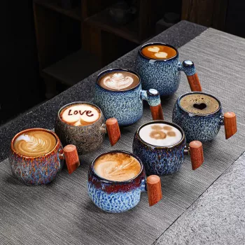 Wabi-Sabi Coffee Cup: Irregular Ceramic & Wood Handle